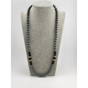 Vintage Hematite Style Bead Necklace Black Faceted Beads Gold Tone Accents